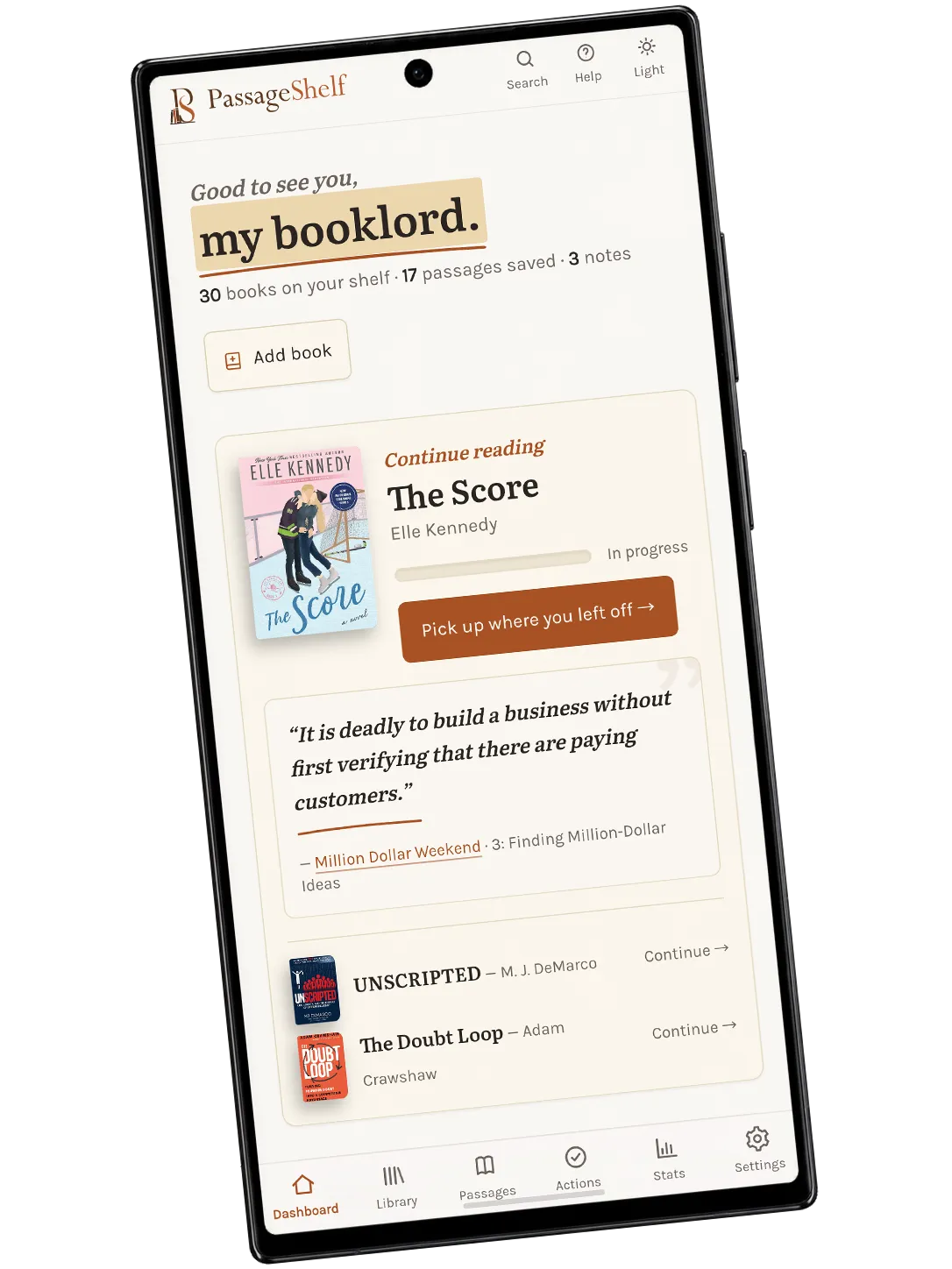 The PassageShelf browser beta open on an Android phone, showing the dashboard