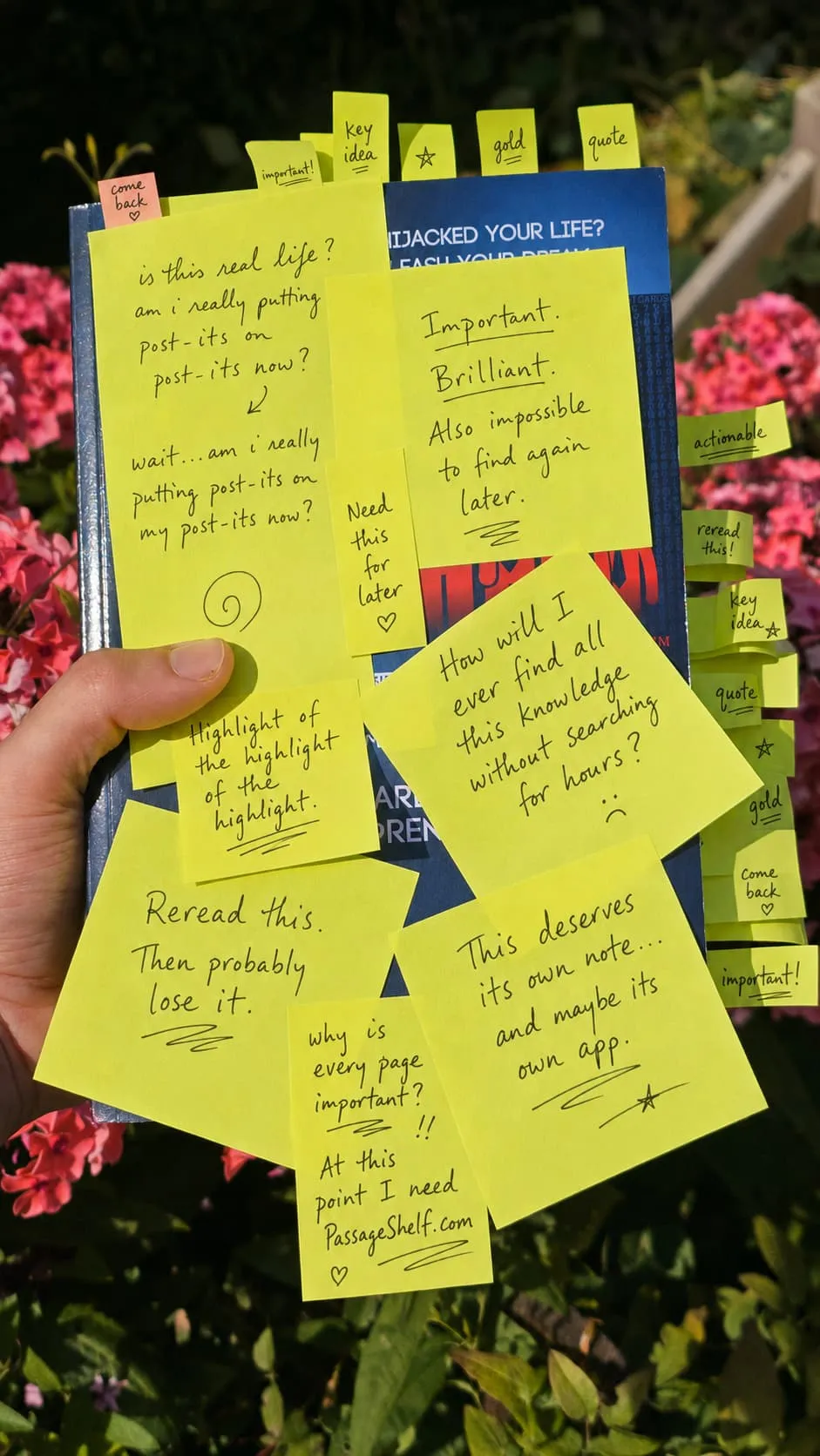 A paper book overflowing with post-it markers