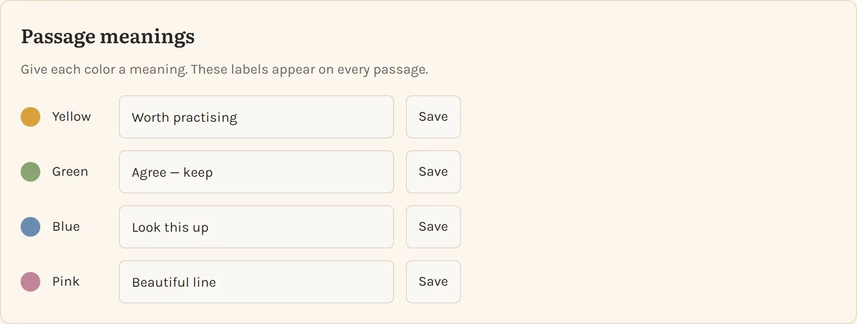 Card color settings, each color named by the reader