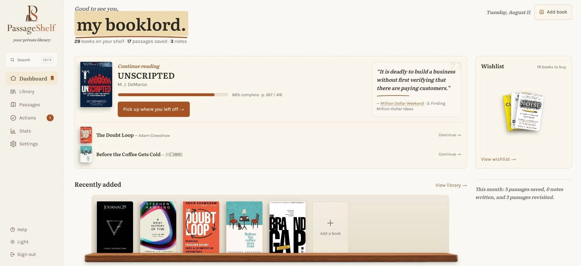 The PassageShelf dashboard: reading progress, a shelf of recently added books, and a saved passage brought back