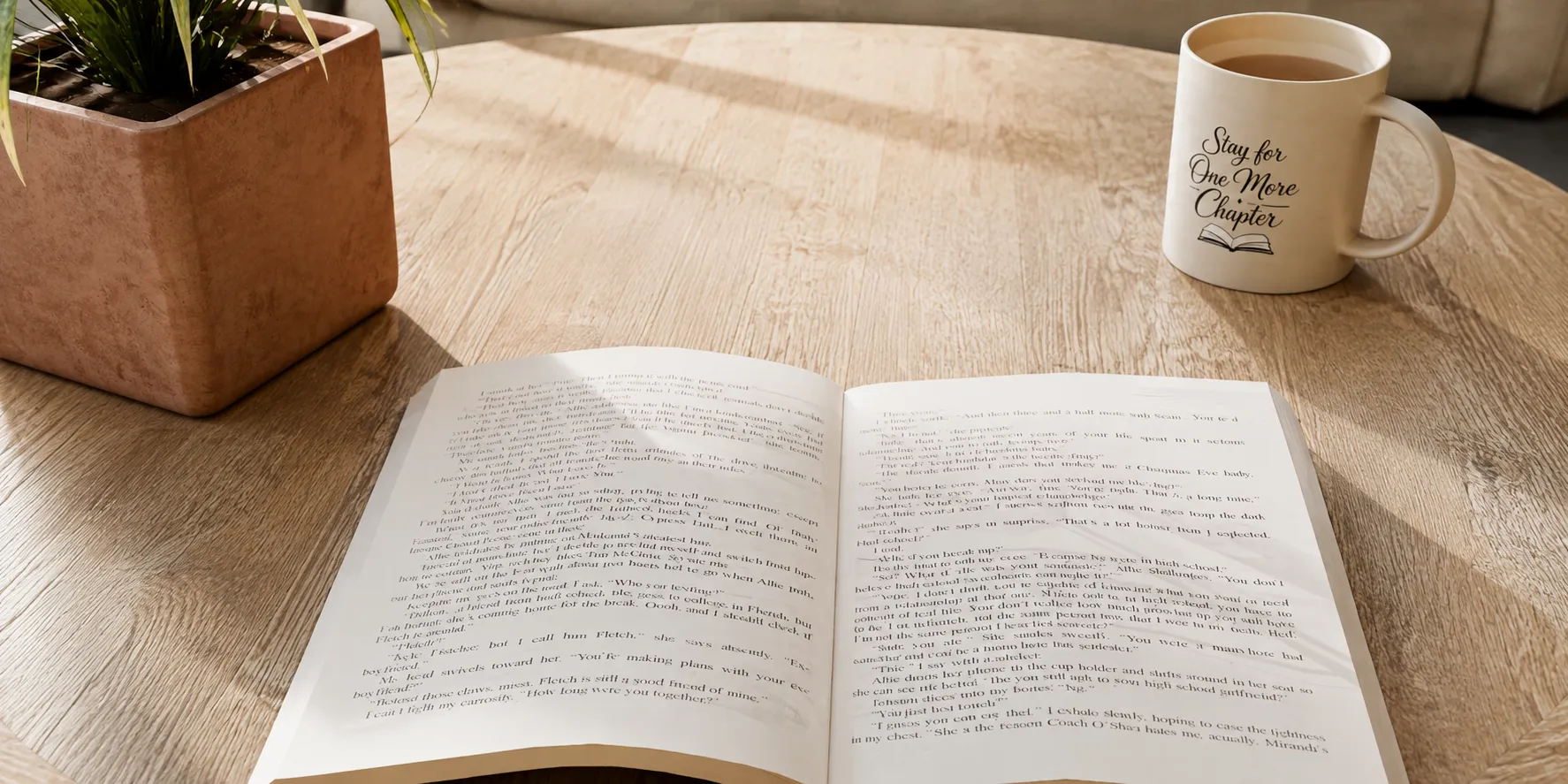 An open paper book with a marked passage beside a pencil and index card