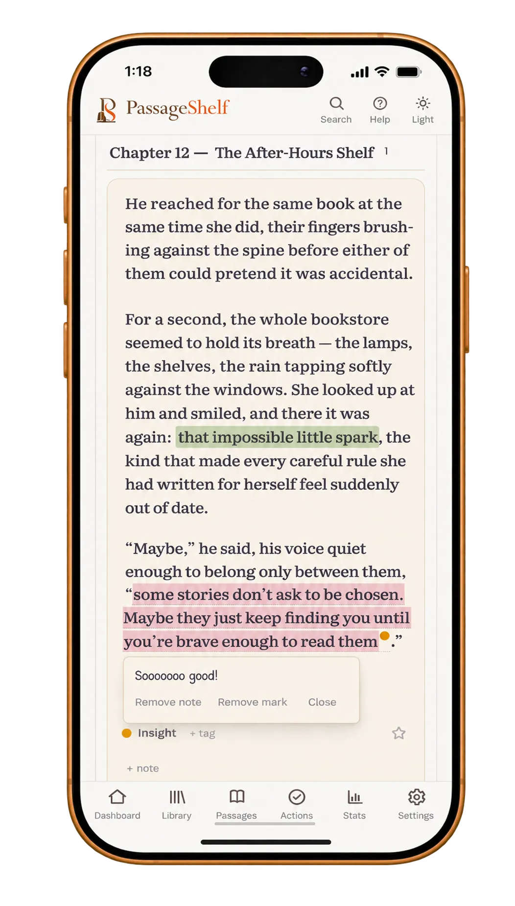 The PassageShelf browser beta open on an iPhone, showing a book’s saved passages