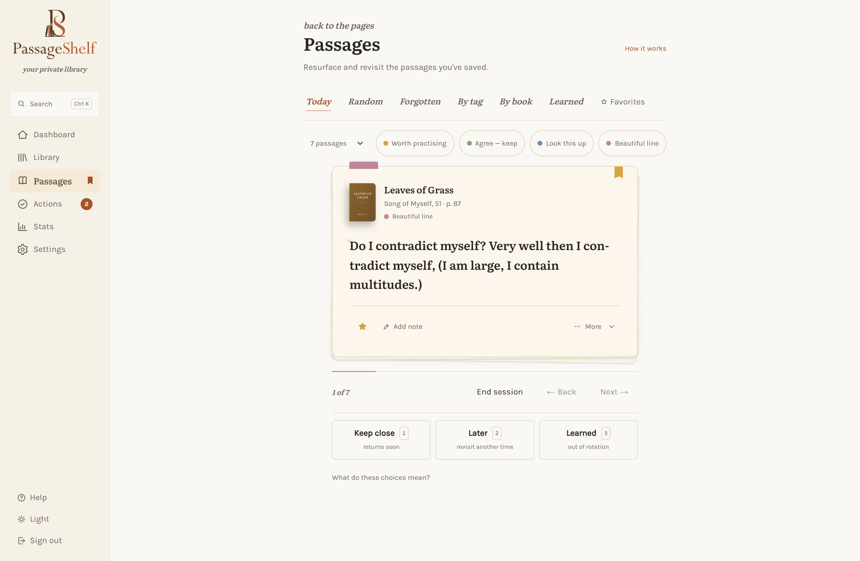 Review mode picker: Today, Random, Forgotten, by tag, by book
