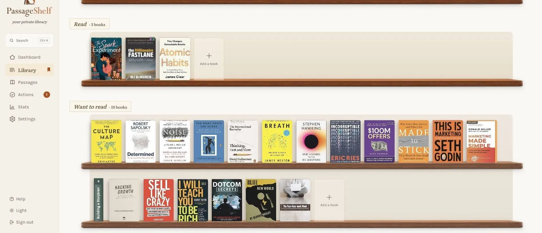 Shelves of book spines in PassageShelf, grouped by status
