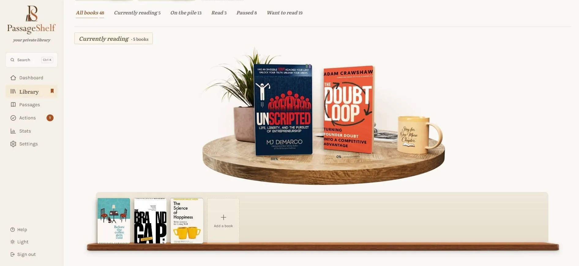 Bookshelf view in PassageShelf